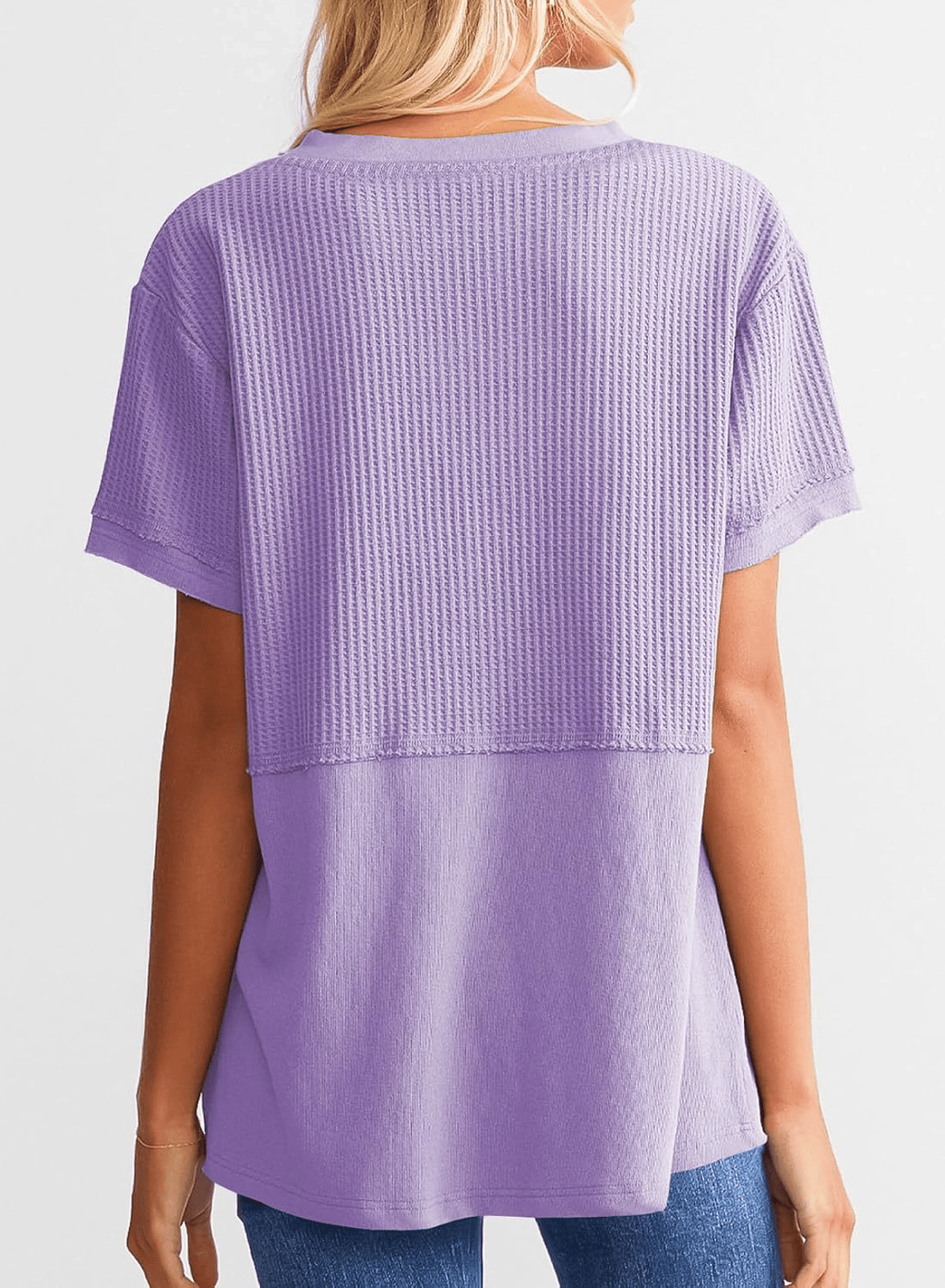 2025 Summer Women's Waffle Knit Shirt Casual V-Neck Short Sleeve Top