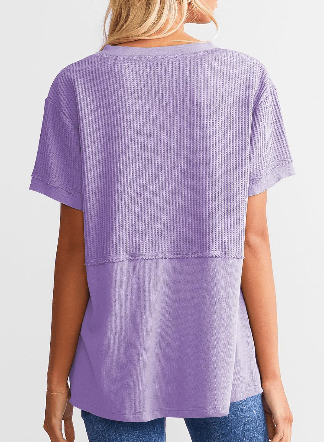 2025 Summer Women's Waffle Knit Shirt Casual V-Neck Short Sleeve Top