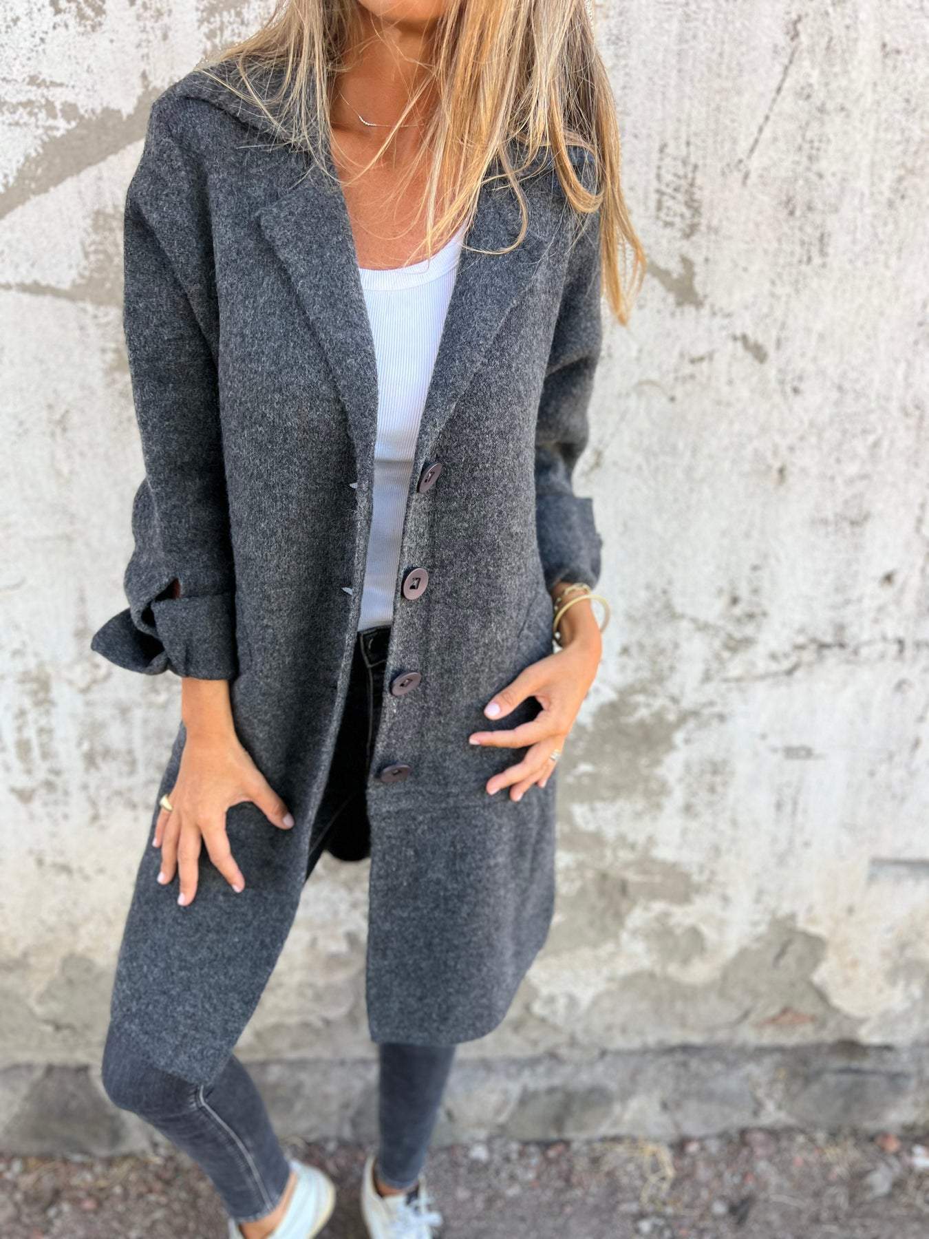 Women Casual Coat Lapel Single-breasted Long Coat