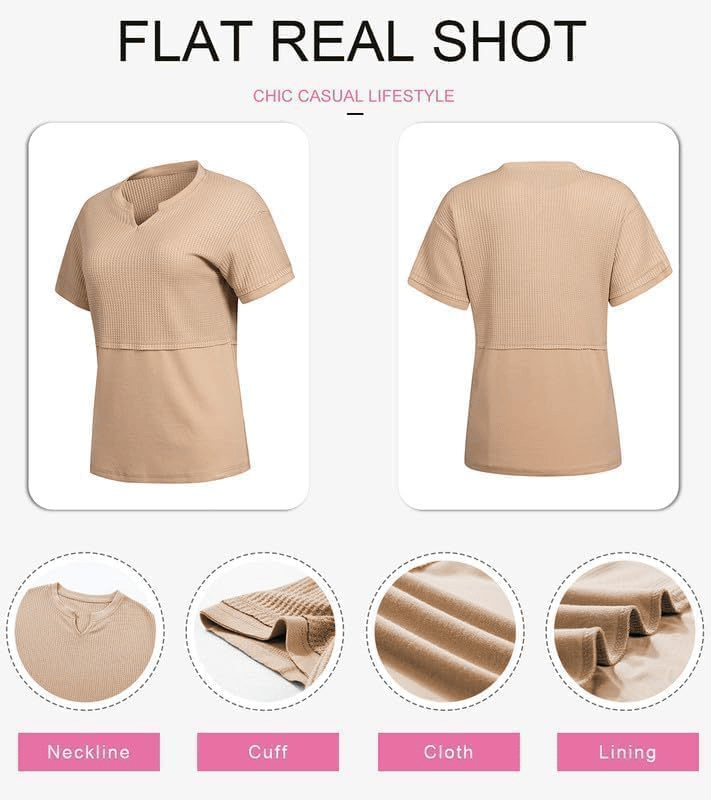 2025 Summer Women's Waffle Knit Shirt Casual V-Neck Short Sleeve Top