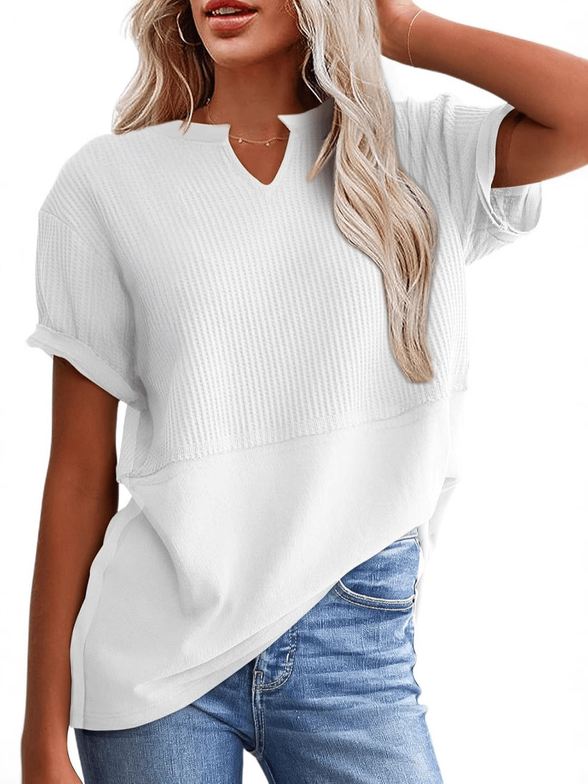 2025 Summer Women's Waffle Knit Shirt Casual V-Neck Short Sleeve Top