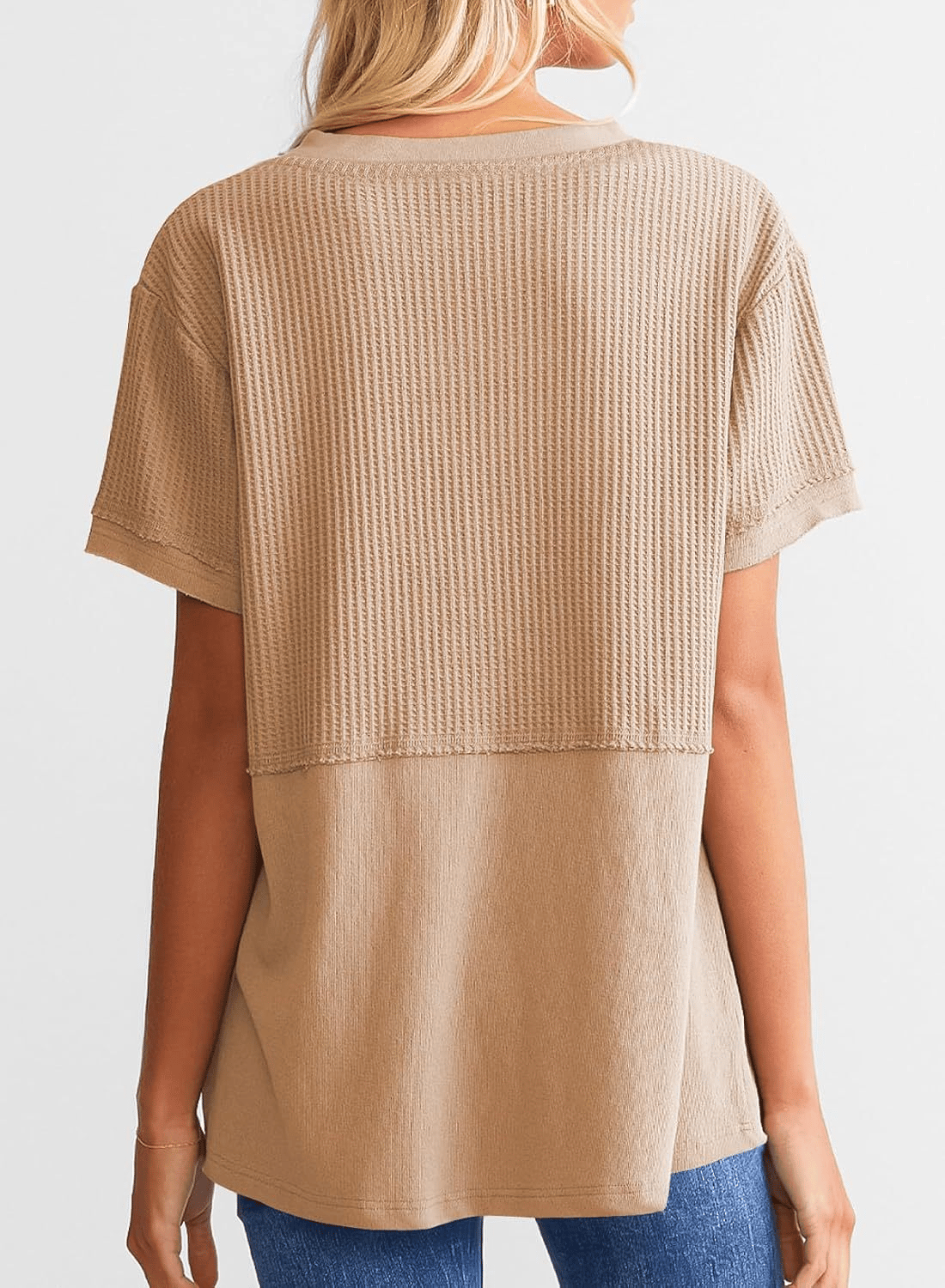 2025 Summer Women's Waffle Knit Shirt Casual V-Neck Short Sleeve Top