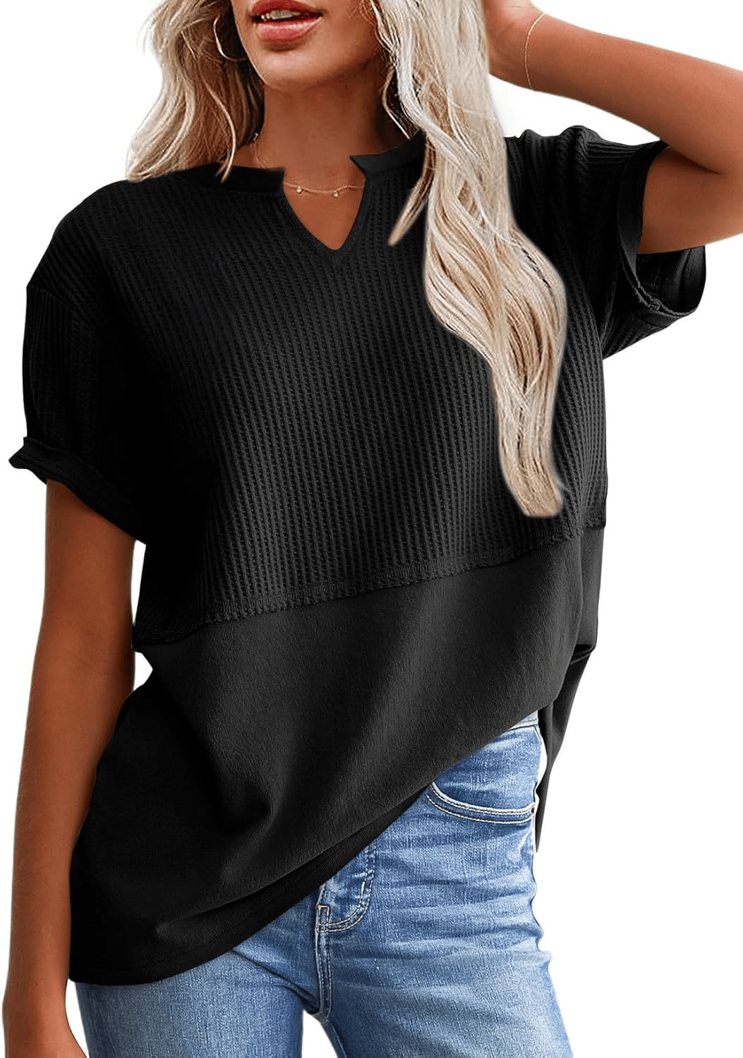 2025 Summer Women's Waffle Knit Shirt Casual V-Neck Short Sleeve Top