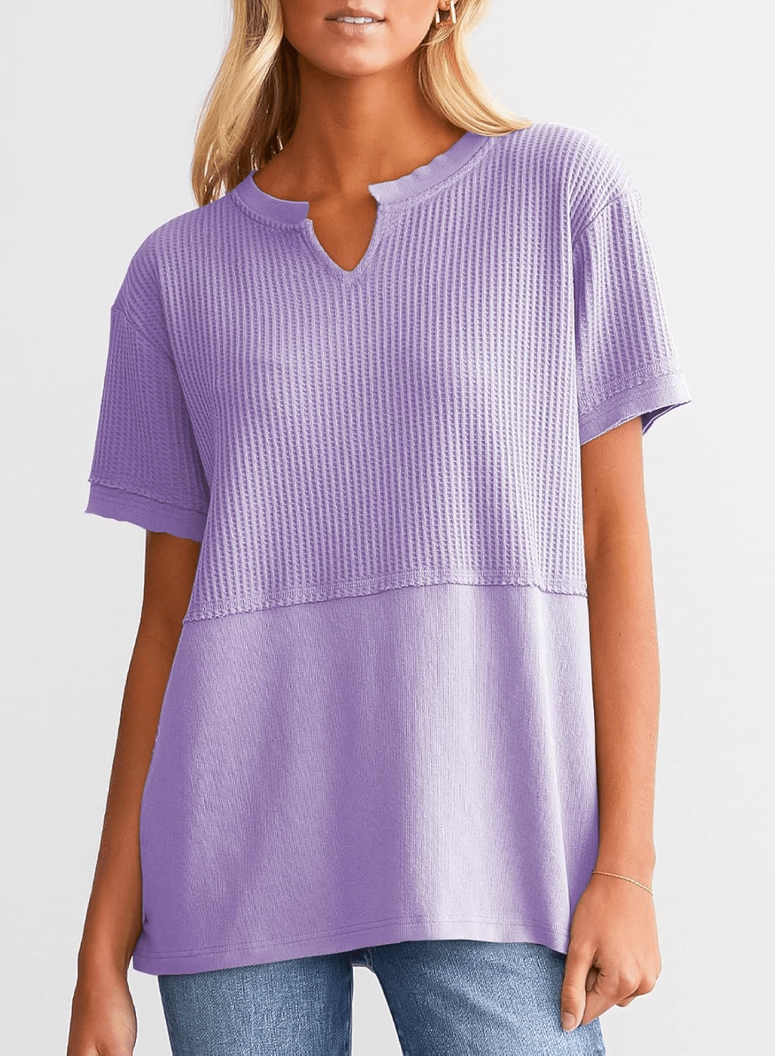 2025 Summer Women's Waffle Knit Shirt Casual V-Neck Short Sleeve Top
