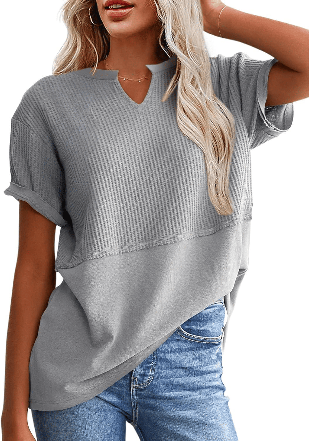 2025 Summer Women's Waffle Knit Shirt Casual V-Neck Short Sleeve Top