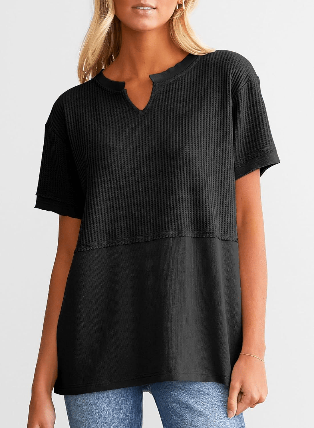 2025 Summer Women's Waffle Knit Shirt Casual V-Neck Short Sleeve Top