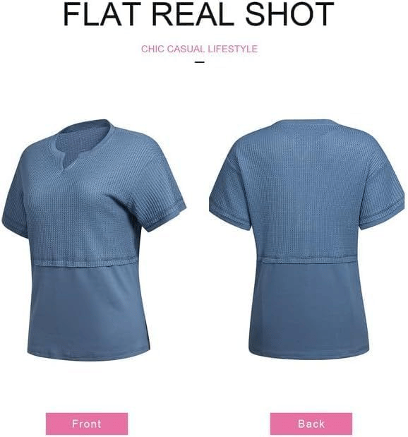 2025 Summer Women's Waffle Knit Shirt Casual V-Neck Short Sleeve Top