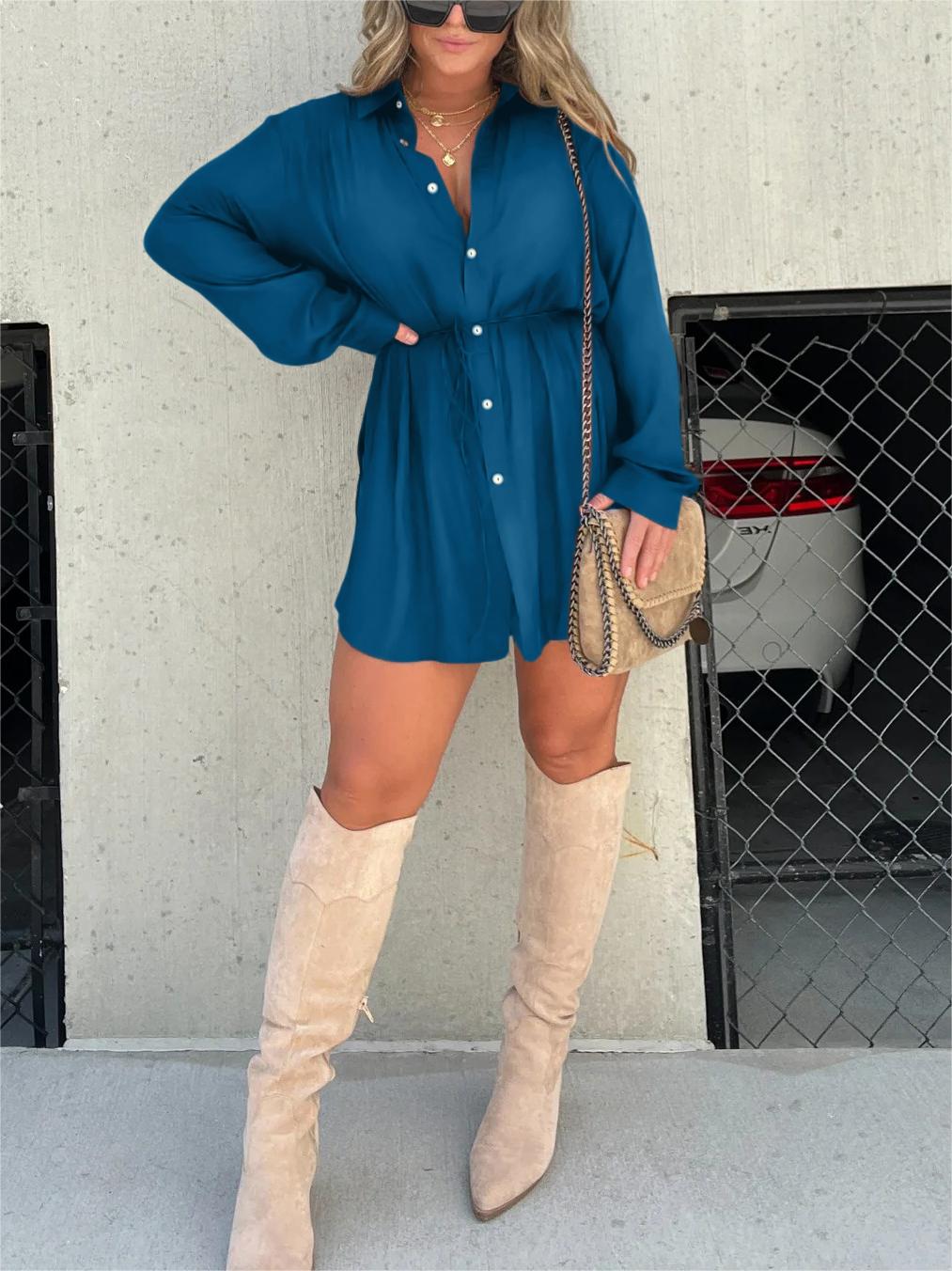 🔥-Women's Solid Color Long Sleeve Shirt Dress