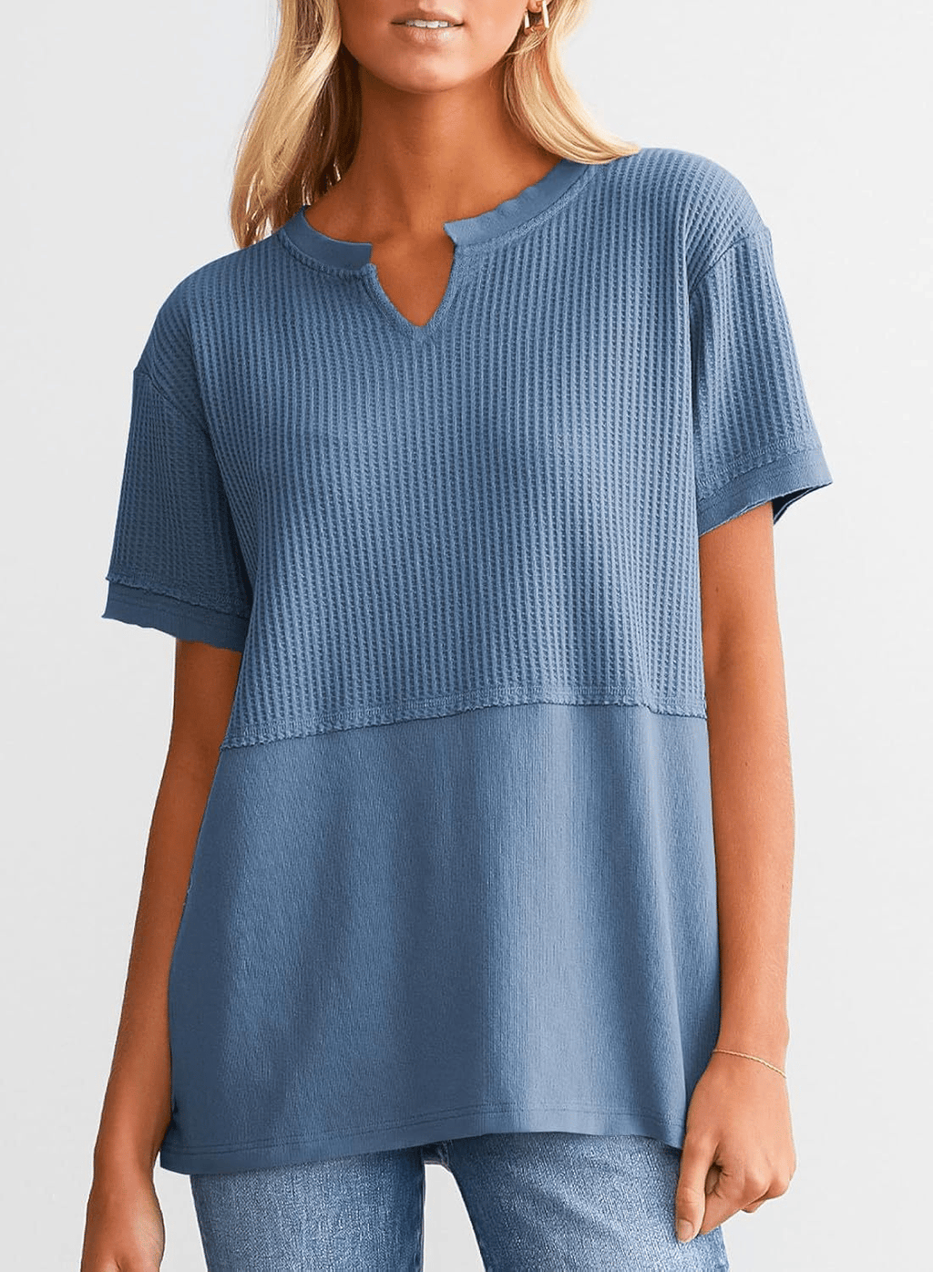 2025 Summer Women's Waffle Knit Shirt Casual V-Neck Short Sleeve Top
