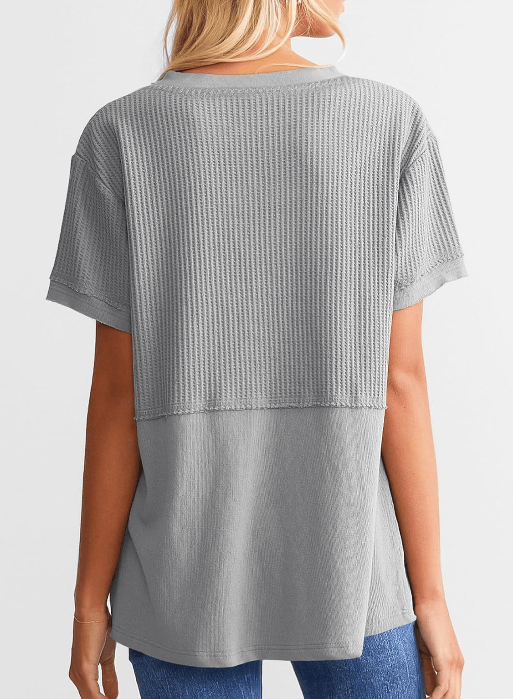 2025 Summer Women's Waffle Knit Shirt Casual V-Neck Short Sleeve Top