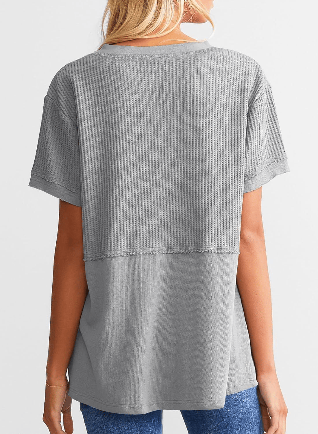 2025 Summer Women's Waffle Knit Shirt Casual V-Neck Short Sleeve Top