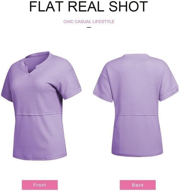2025 Summer Women's Waffle Knit Shirt Casual V-Neck Short Sleeve Top