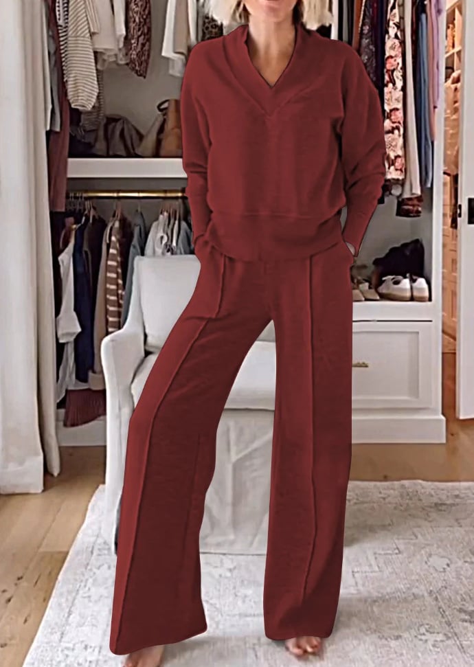 💥Women's Solid Color V-neck Top & Pants Two-piece Set(Free Shipping)