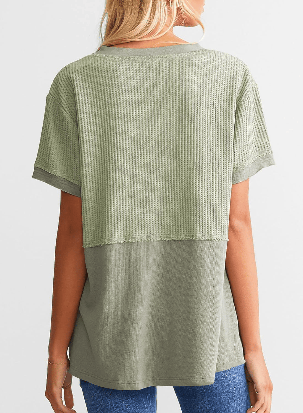 2025 Summer Women's Waffle Knit Shirt Casual V-Neck Short Sleeve Top