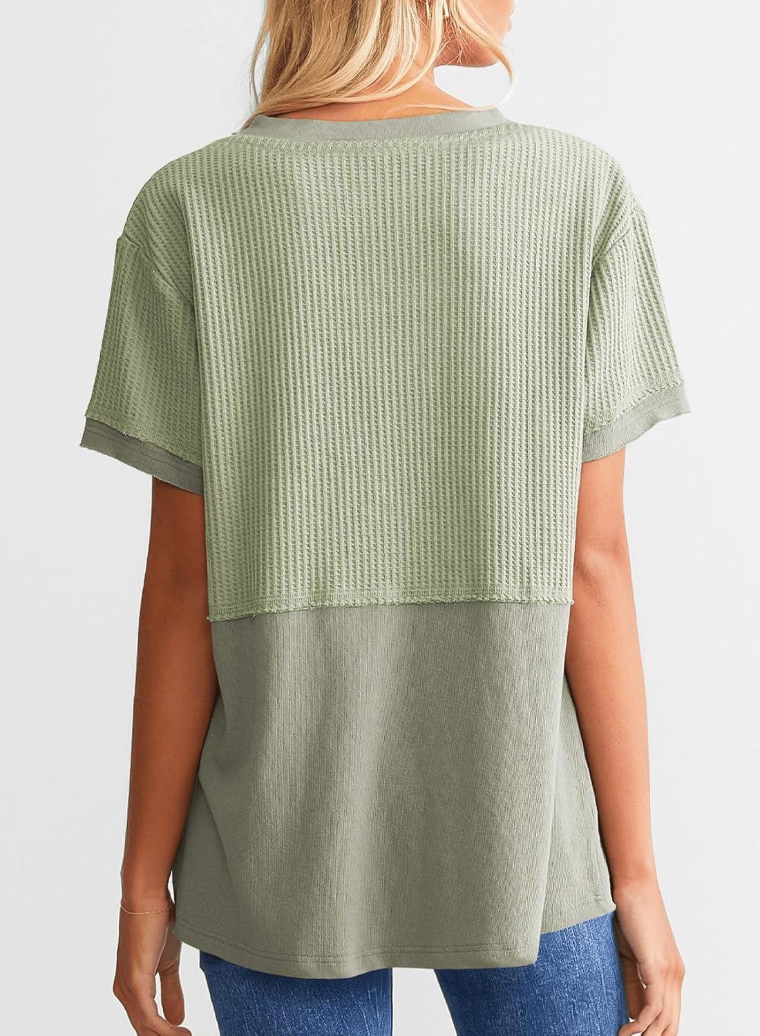 2025 Summer Women's Waffle Knit Shirt Casual V-Neck Short Sleeve Top