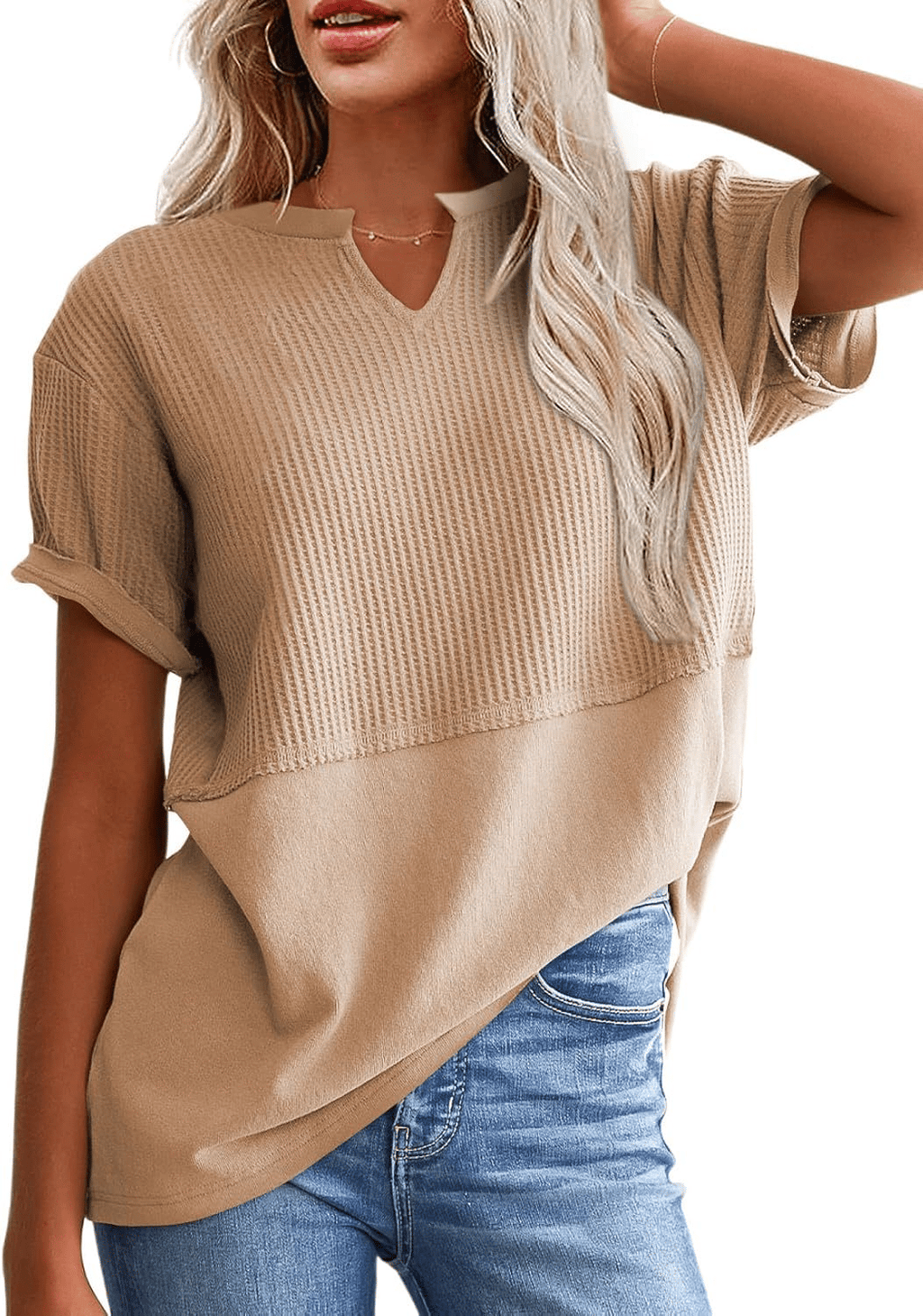 2025 Summer Women's Waffle Knit Shirt Casual V-Neck Short Sleeve Top