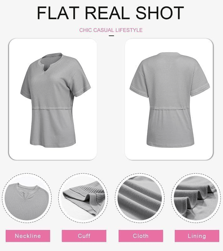 2025 Summer Women's Waffle Knit Shirt Casual V-Neck Short Sleeve Top