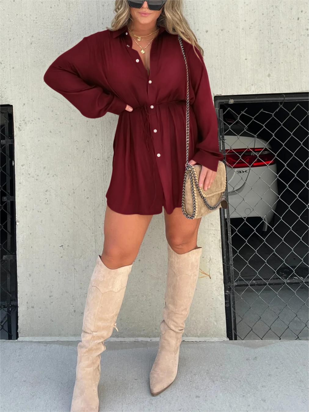 🔥-Women's Solid Color Long Sleeve Shirt Dress