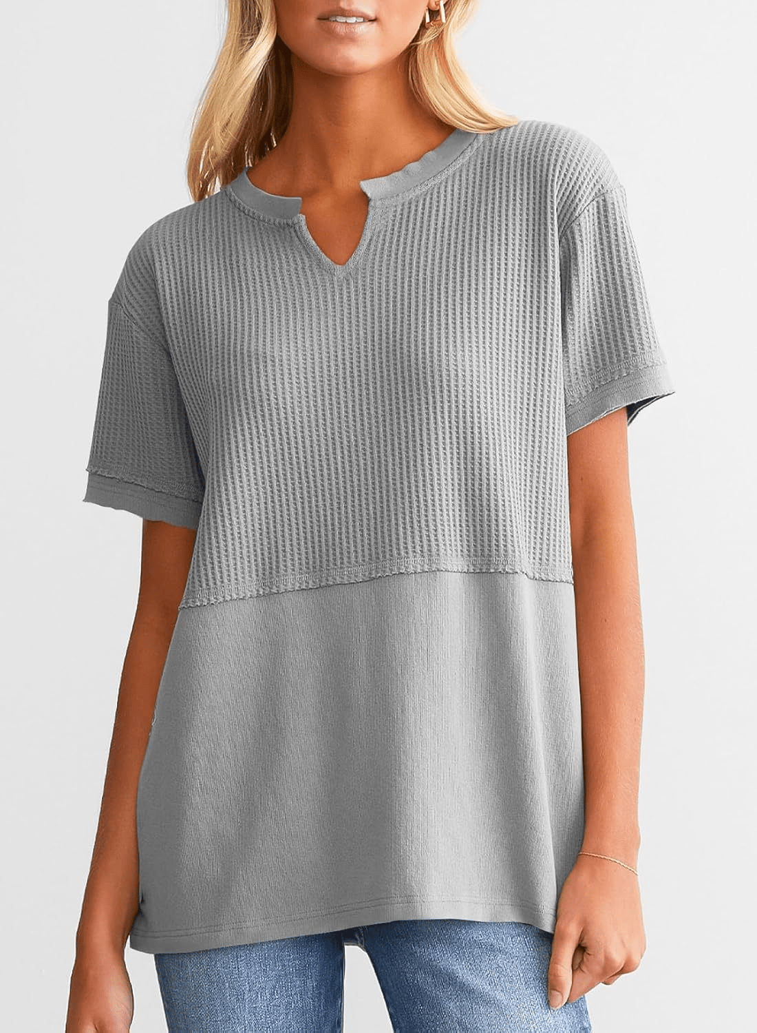 2025 Summer Women's Waffle Knit Shirt Casual V-Neck Short Sleeve Top