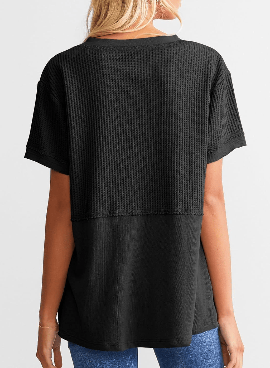 2025 Summer Women's Waffle Knit Shirt Casual V-Neck Short Sleeve Top