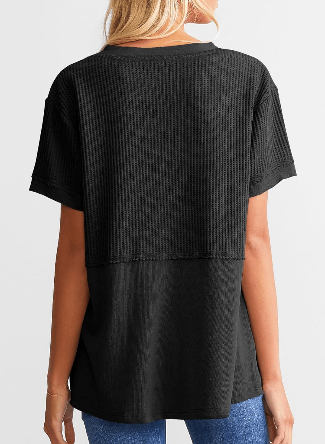 2025 Summer Women's Waffle Knit Shirt Casual V-Neck Short Sleeve Top