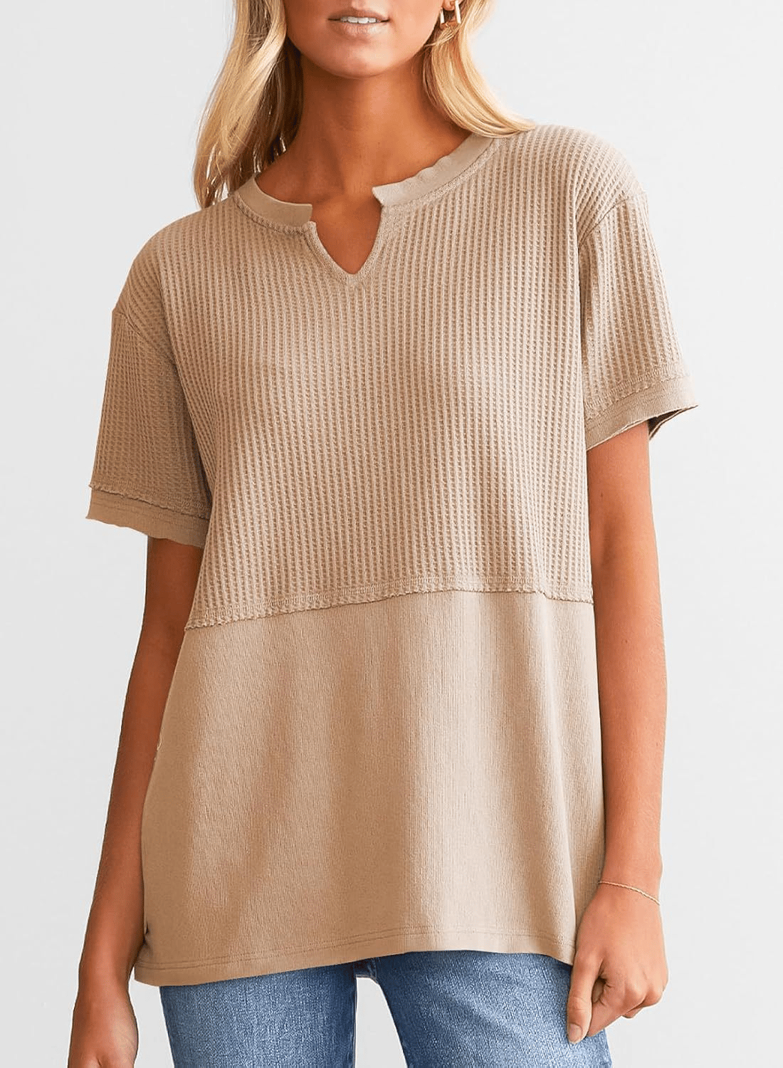 2025 Summer Women's Waffle Knit Shirt Casual V-Neck Short Sleeve Top