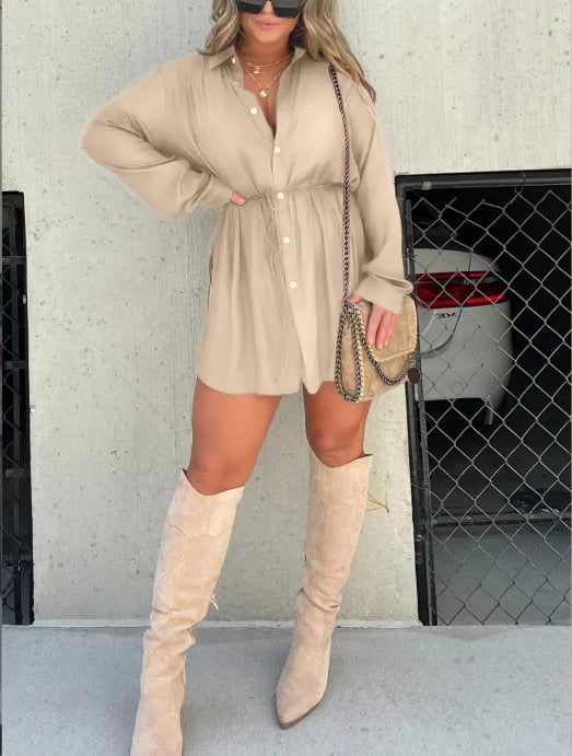 🔥-Women's Solid Color Long Sleeve Shirt Dress
