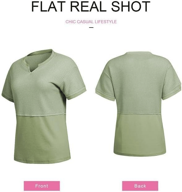 2025 Summer Women's Waffle Knit Shirt Casual V-Neck Short Sleeve Top