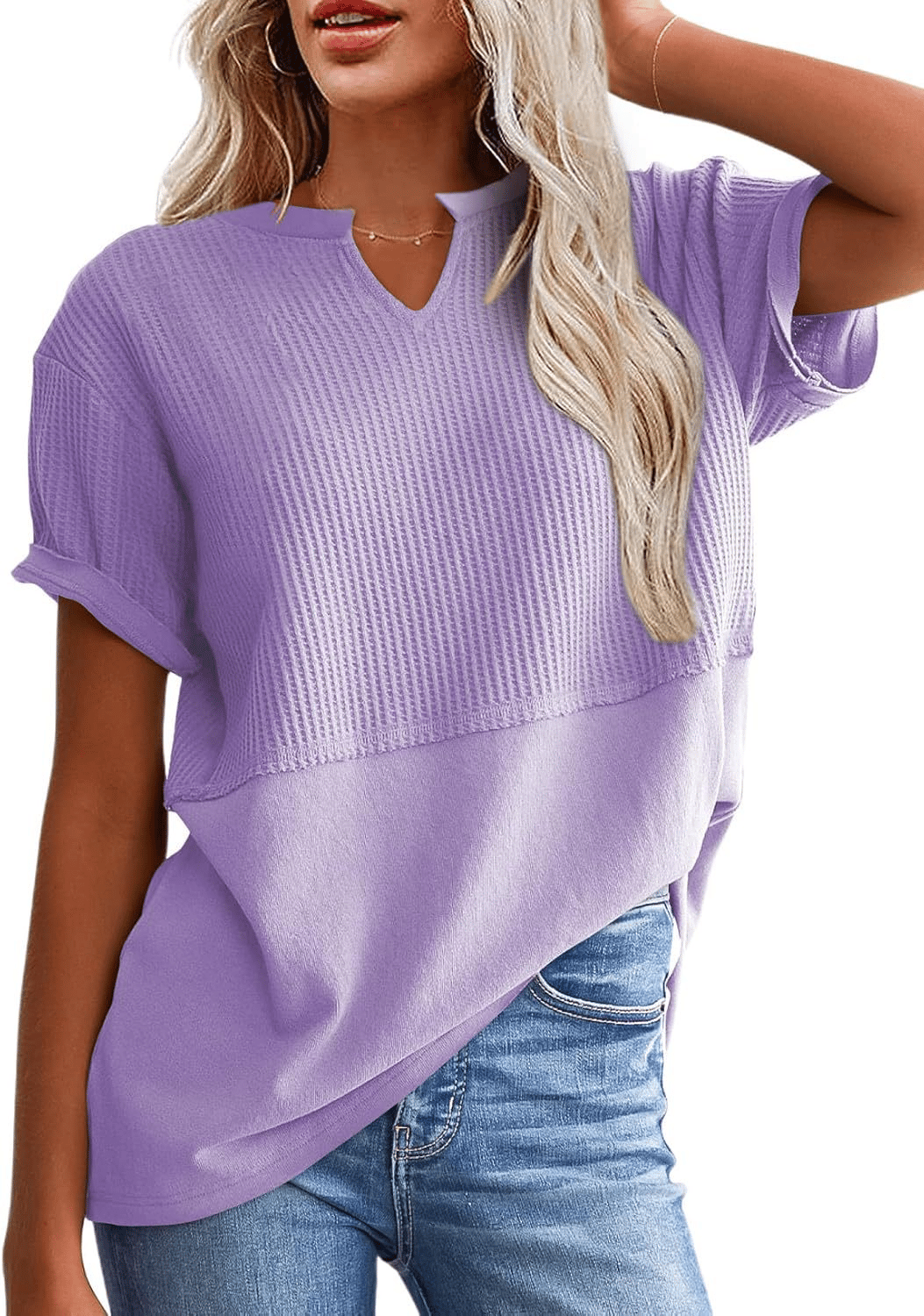 2025 Summer Women's Waffle Knit Shirt Casual V-Neck Short Sleeve Top