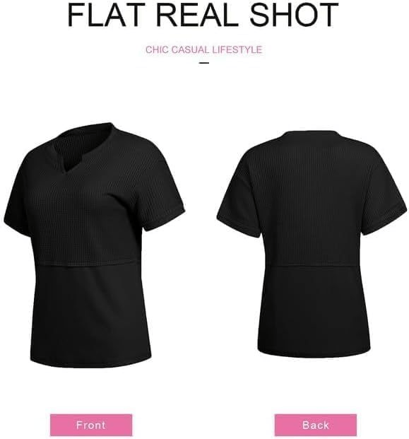 2025 Summer Women's Waffle Knit Shirt Casual V-Neck Short Sleeve Top