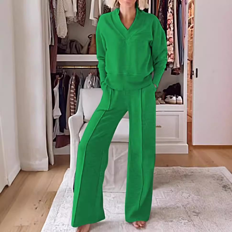 💥Women's Solid Color V-neck Top & Pants Two-piece Set(Free Shipping)