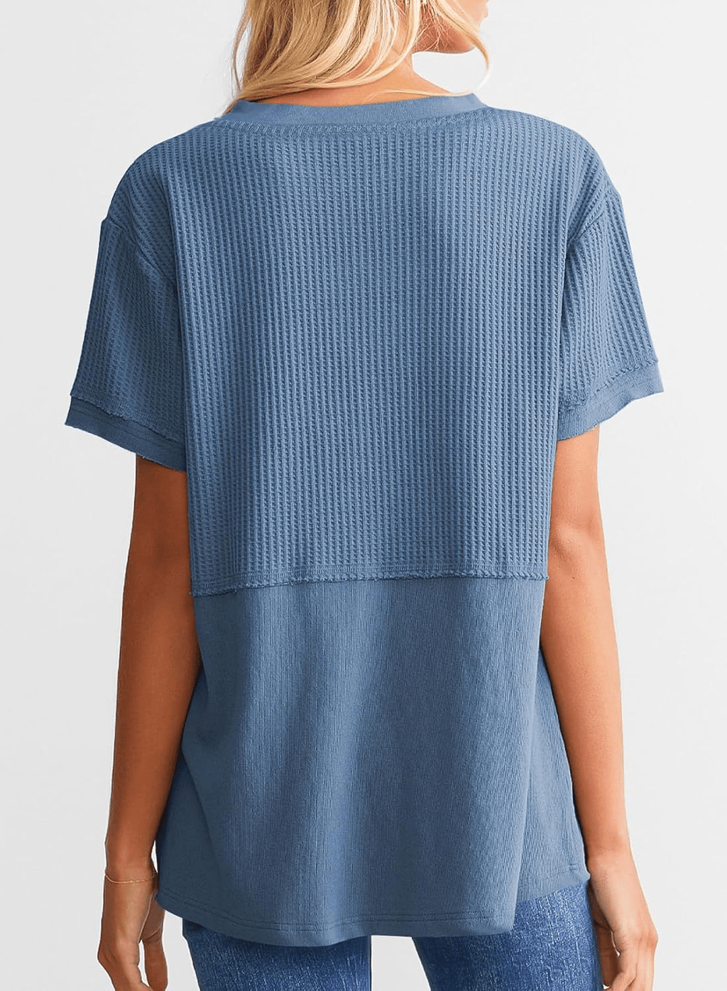 2025 Summer Women's Waffle Knit Shirt Casual V-Neck Short Sleeve Top