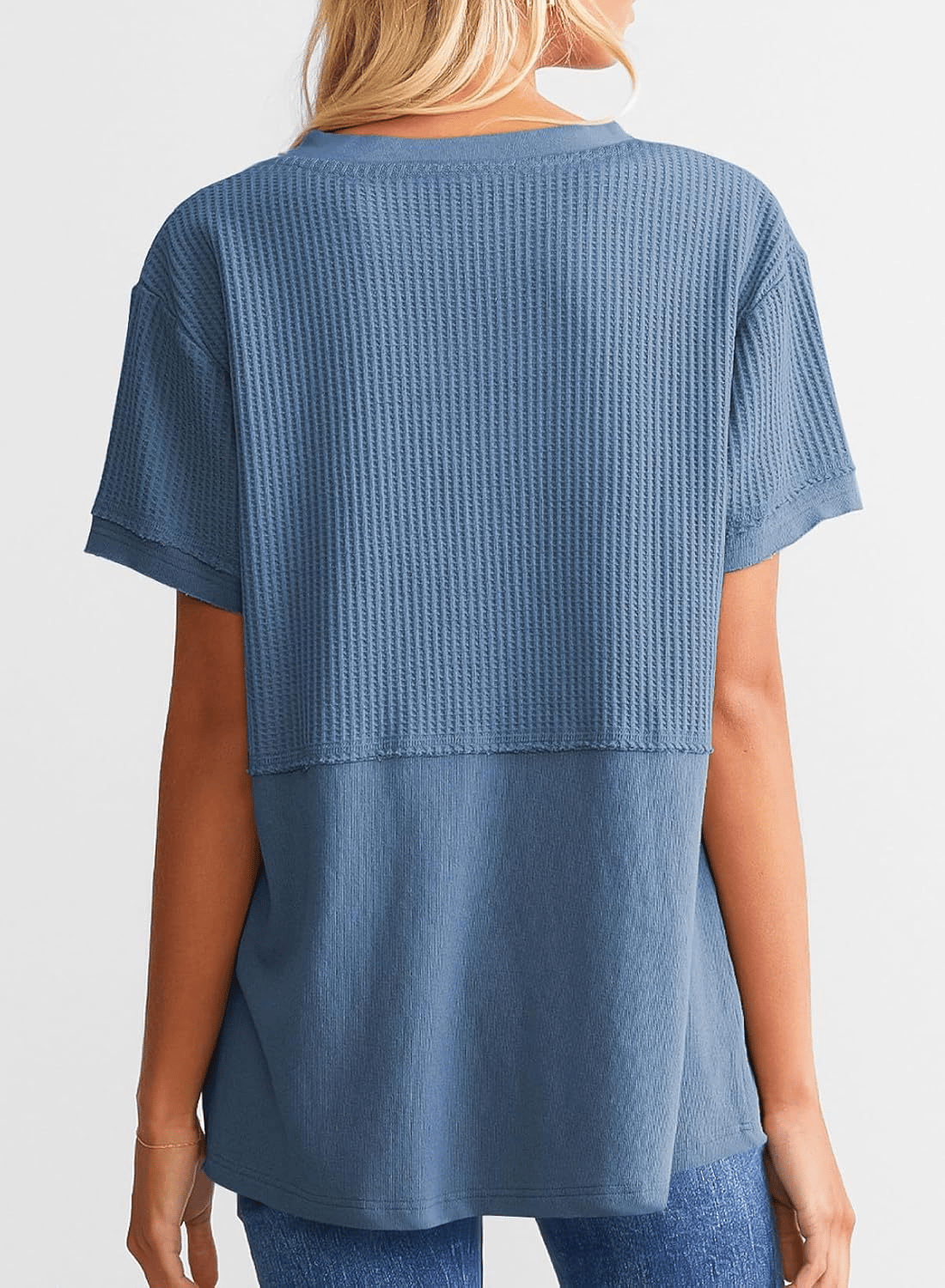 2025 Summer Women's Waffle Knit Shirt Casual V-Neck Short Sleeve Top