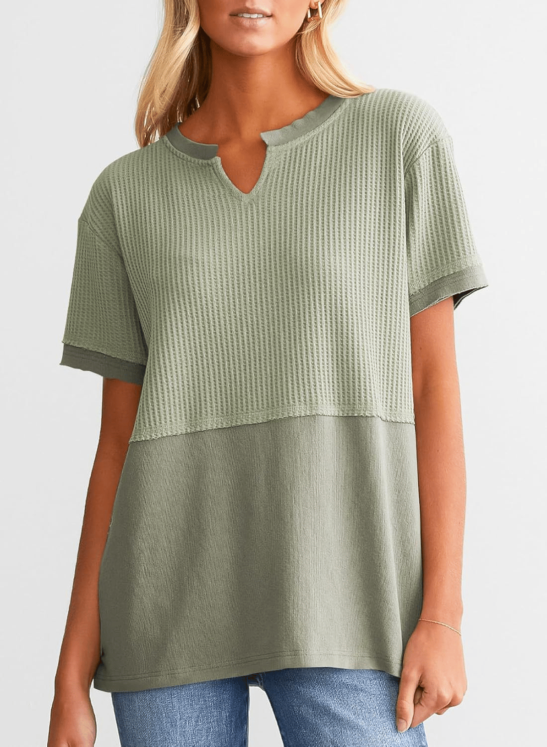 2025 Summer Women's Waffle Knit Shirt Casual V-Neck Short Sleeve Top